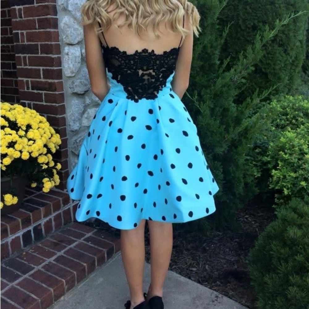 Sherri Hill Black and Blue Polka Dot Formal Dress - Picture 9 of 9